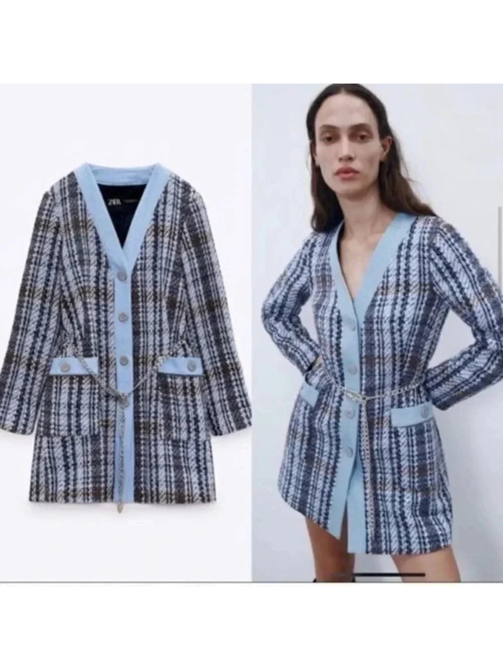 Zara Structured Denim Tweed Blazer Coat Size Small